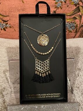 3 Gold Layered Pendant Necklace Set with Black Tassel